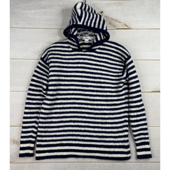 Nordstrom Signature Cashmere Hooded Sweater Womens S Blue Striped Fuzzy Soft - Picture 1 of 9